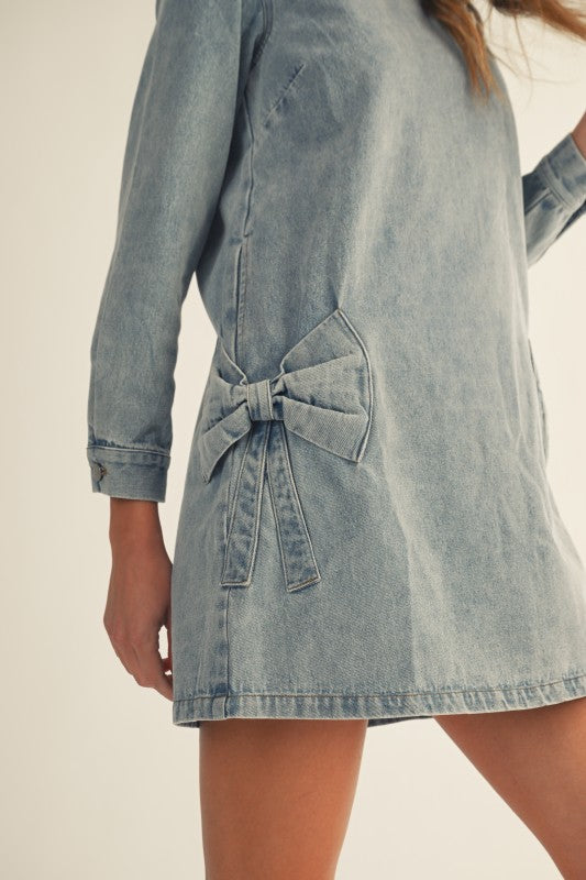 Washed Denim Ribbon Side Pockets Dress