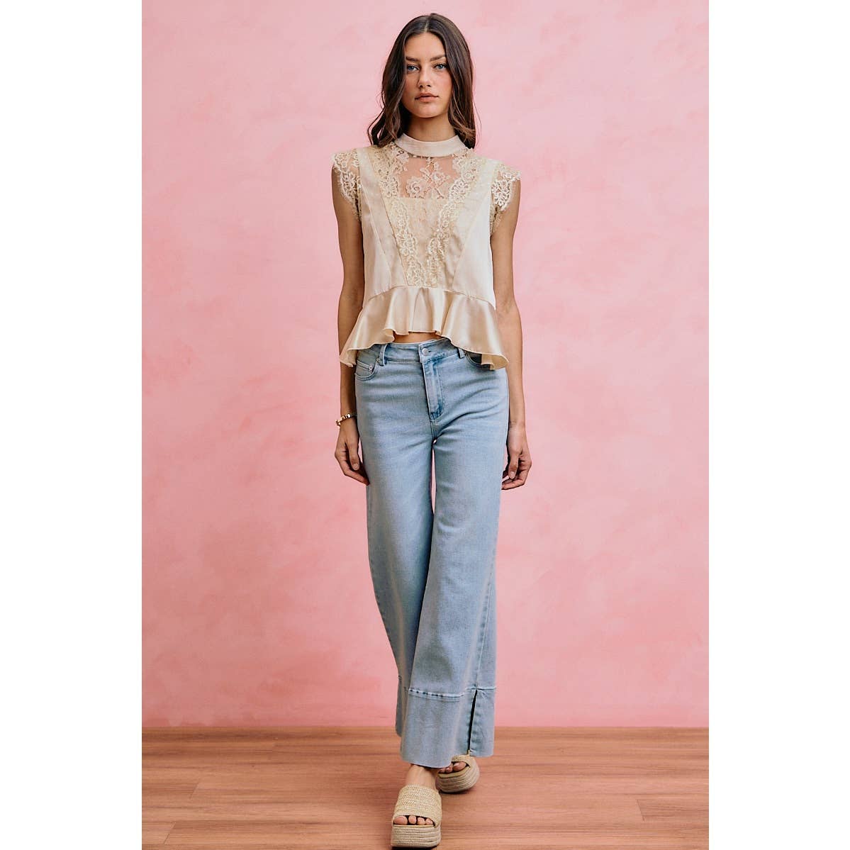 SATIN MOCK NECK LACE TRIM BLOUSE TOP: CREAM S-XL