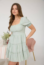 Load image into Gallery viewer, SQUARE NECK RUFFLE DETAIL TIERED MINI DRESS: LIGHT SAGE
