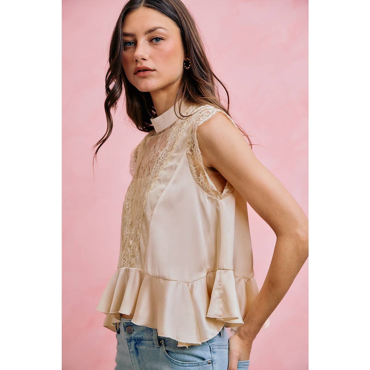 SATIN MOCK NECK LACE TRIM BLOUSE TOP: CREAM S-XL
