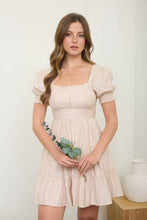 Load image into Gallery viewer, SQUARE NECK RUFFLE DETAIL TIERED MINI DRESS: LIGHT KHAKI

