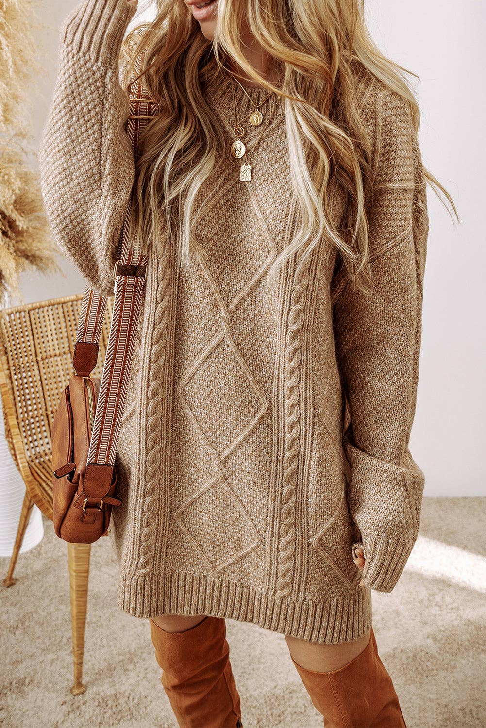 Knit Drop Shoulder Loose Fit Sweater Dress: Parchment / 100%Polyester / S-XL
