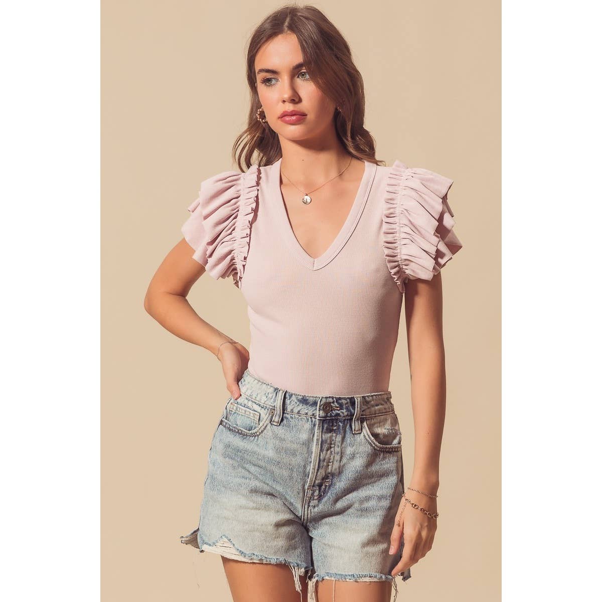Ruffle Sleeve V Neck Bodysuit