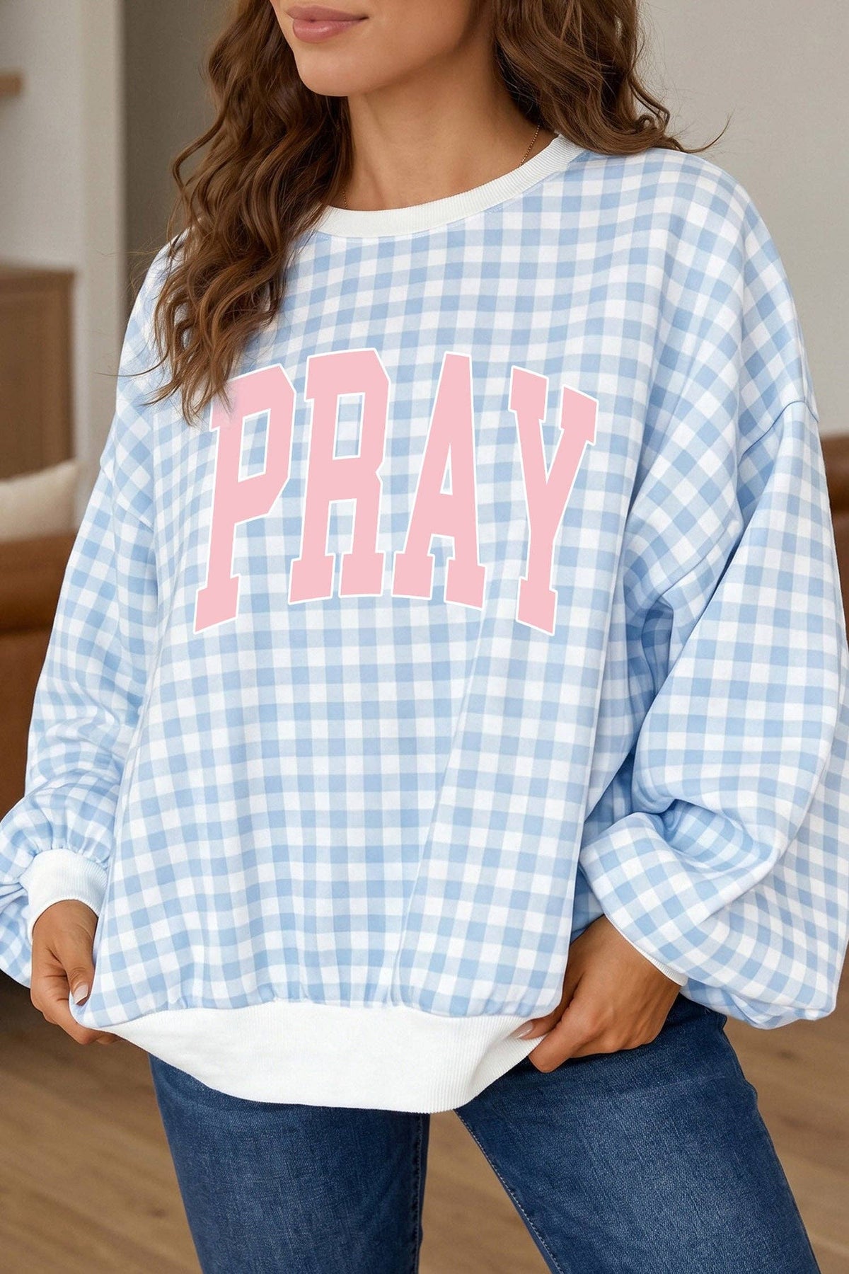 Light Blue PRAY Slogan Graphic Pullover Sweatshirt: Light Blue / 100%Polyester / S-XL