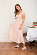 Load image into Gallery viewer, RUCHED DETAIL SCOOP NECK PUFF SLEEVE MIDI DRESS: DUSTY APRICOT
