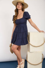 Load image into Gallery viewer, SQUARE NECK RUFFLE DETAIL TIERED MINI DRESS: LIGHT SAGE
