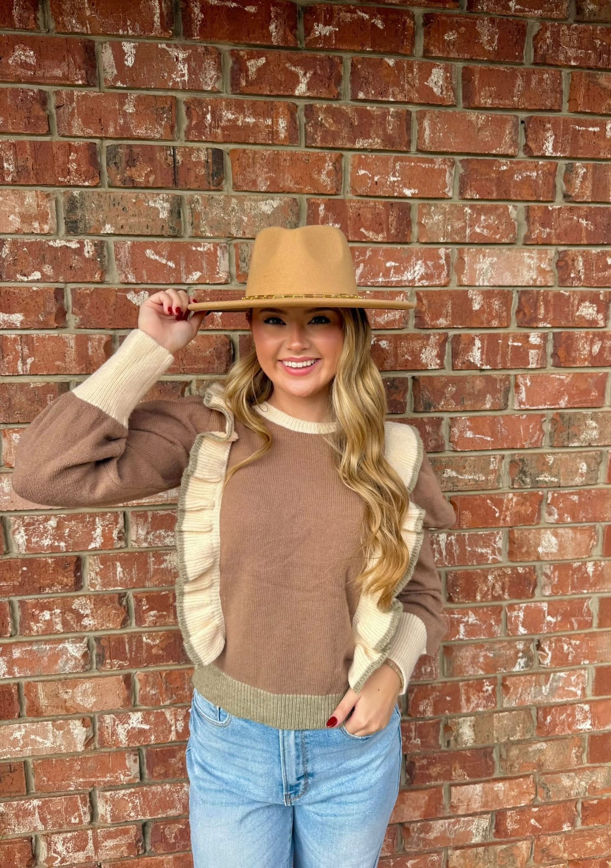 3 TONE RUFFLE SWEATER TOP: COFFEE/CREAM/OLIVE / S-XL