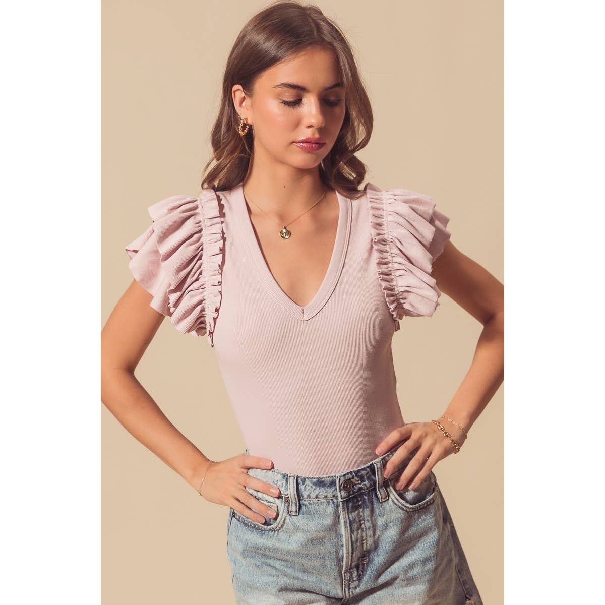 Ruffle Sleeve V Neck Bodysuit