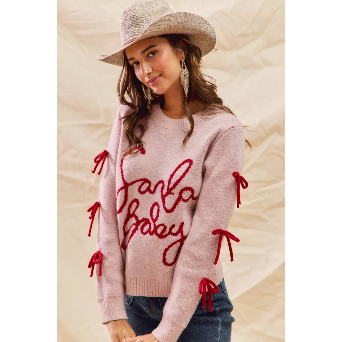 SANTA BABY LETTERING CHRISTMAS HOLIDAY SWEATER TOP: BLUSH/RED / S-XL