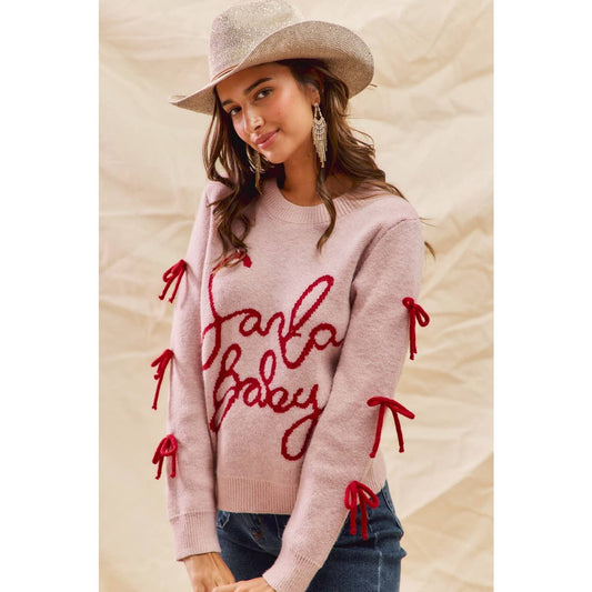 SANTA BABY LETTERING CHRISTMAS HOLIDAY SWEATER TOP: BLUSH/RED / S-XL