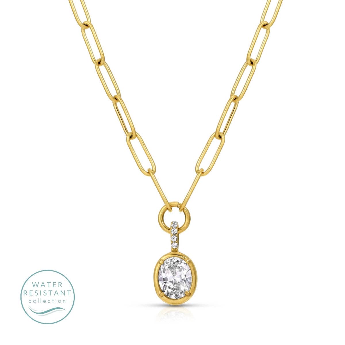 Large Cubic Zirconia Paperclip Necklace, Water-Resistant: Gold