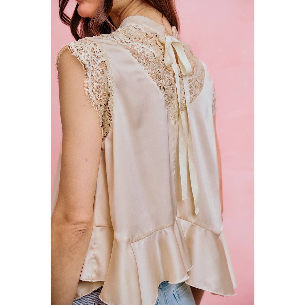 SATIN MOCK NECK LACE TRIM BLOUSE TOP: CREAM S-XL