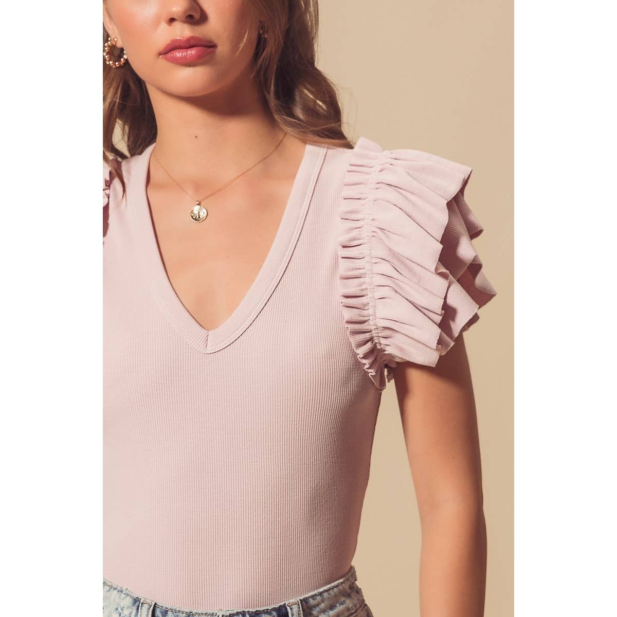 Ruffle Sleeve V Neck Bodysuit