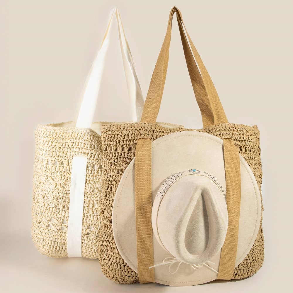 Large Straw Braided Tote Bag With Hat Holder: IV