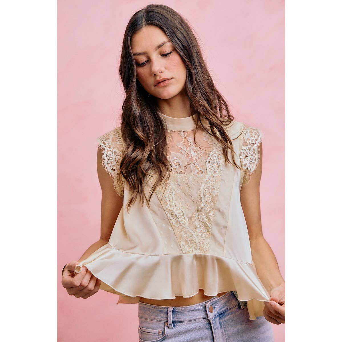 SATIN MOCK NECK LACE TRIM BLOUSE TOP: CREAM S-XL
