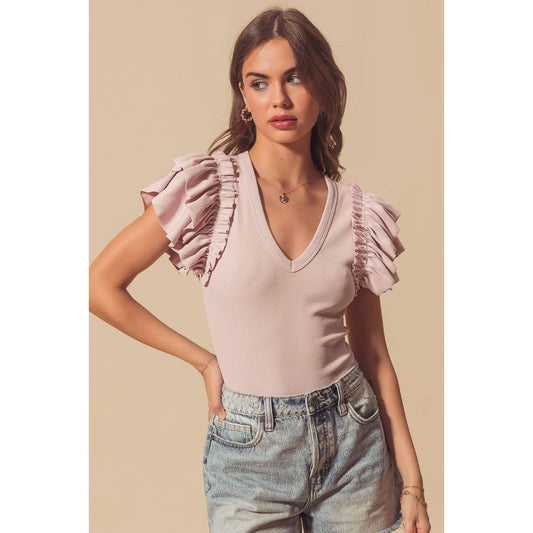 Ruffle Sleeve V Neck Bodysuit Mauve or Pink- Small-XL