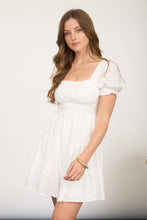 Load image into Gallery viewer, SQUARE NECK RUFFLE DETAIL TIERED MINI DRESS: LIGHT SAGE
