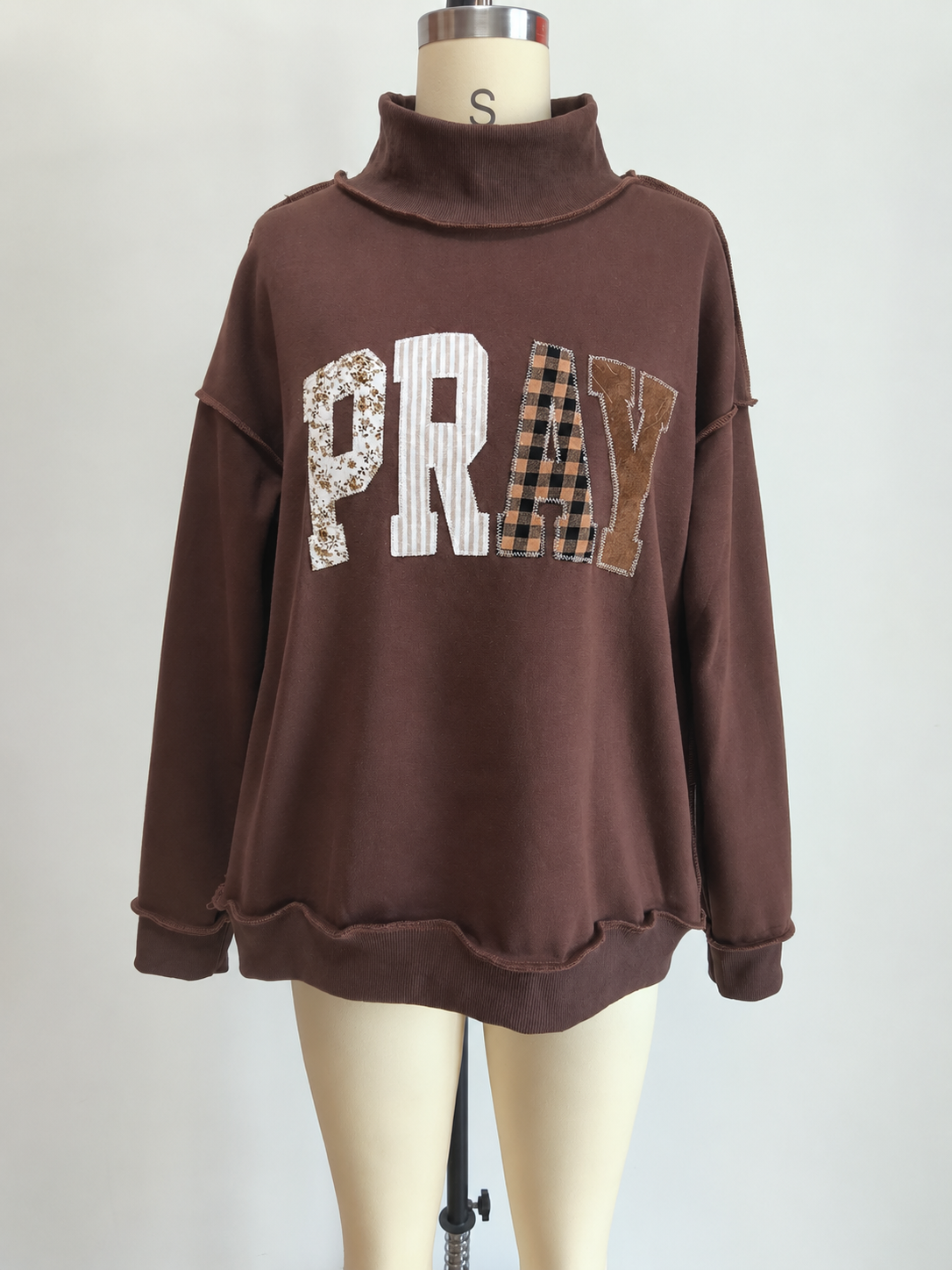 Brown Pray Embroidered Mock Neck Sweatshirt: Brown