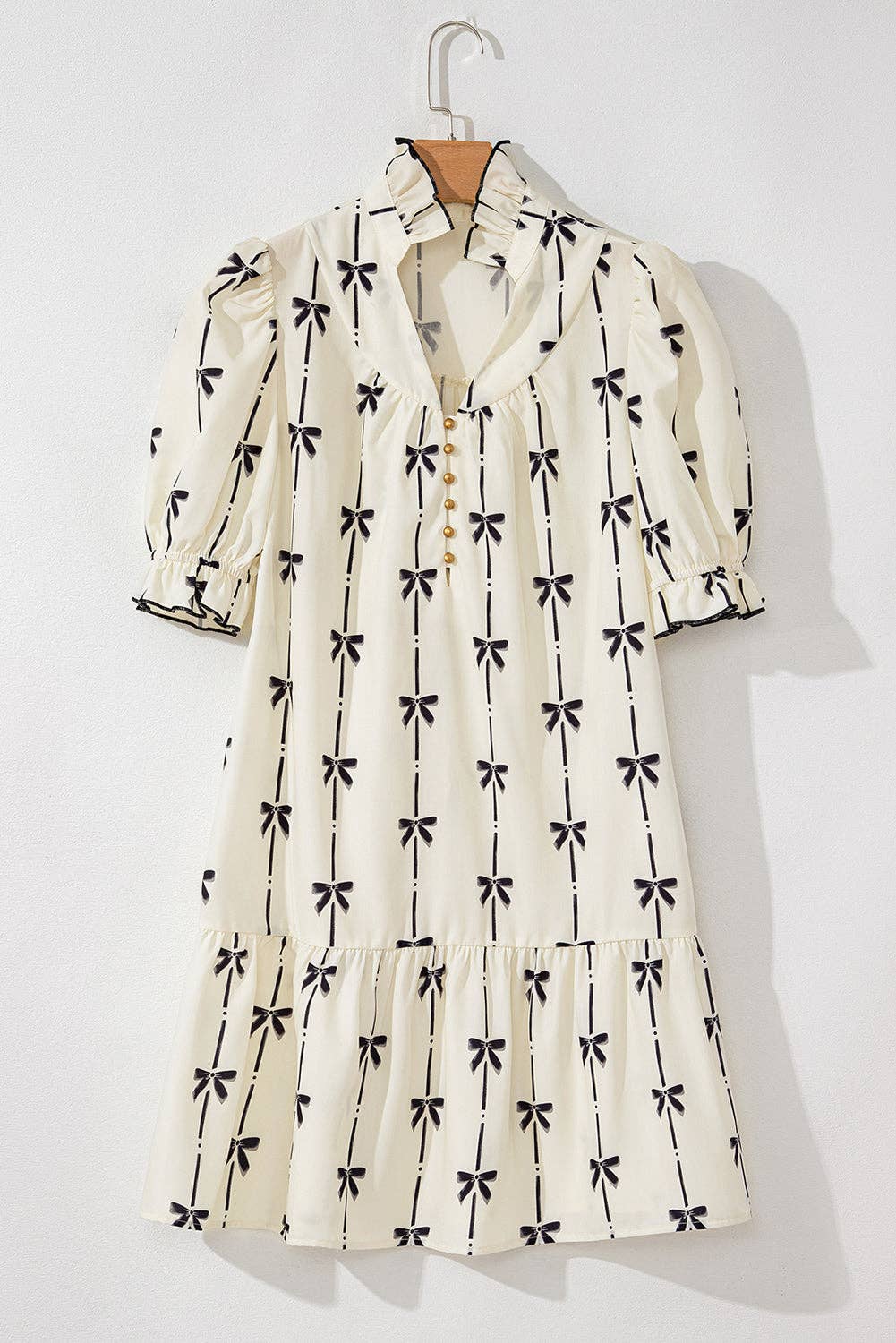 Beige Cute Bowknot Printed Bubble Sleeve V Neck Mini Dress: Beige / 100%Polyester / S-XL