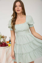 Load image into Gallery viewer, SQUARE NECK RUFFLE DETAIL TIERED MINI DRESS: LIGHT SAGE
