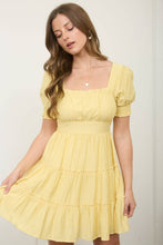 Load image into Gallery viewer, SQUARE NECK RUFFLE DETAIL TIERED MINI DRESS: LIGHT SAGE
