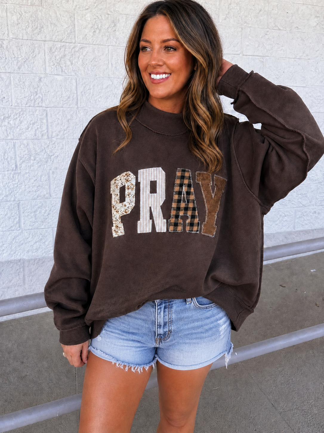 Brown Pray Embroidered Mock Neck Sweatshirt: Brown