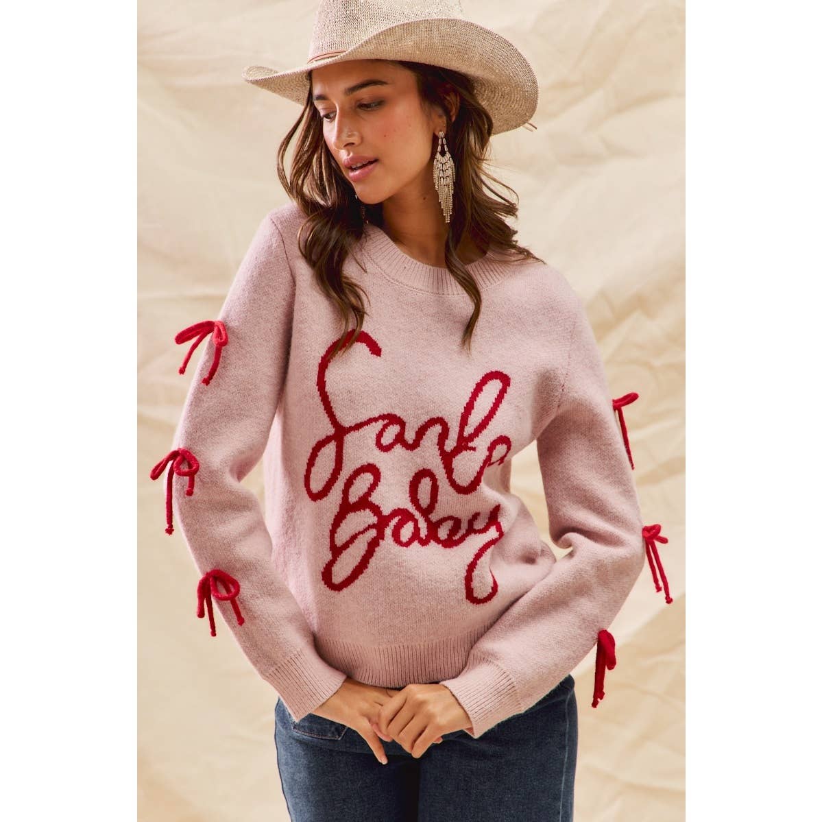 SANTA BABY LETTERING CHRISTMAS HOLIDAY SWEATER TOP: BLUSH/RED / S-XL