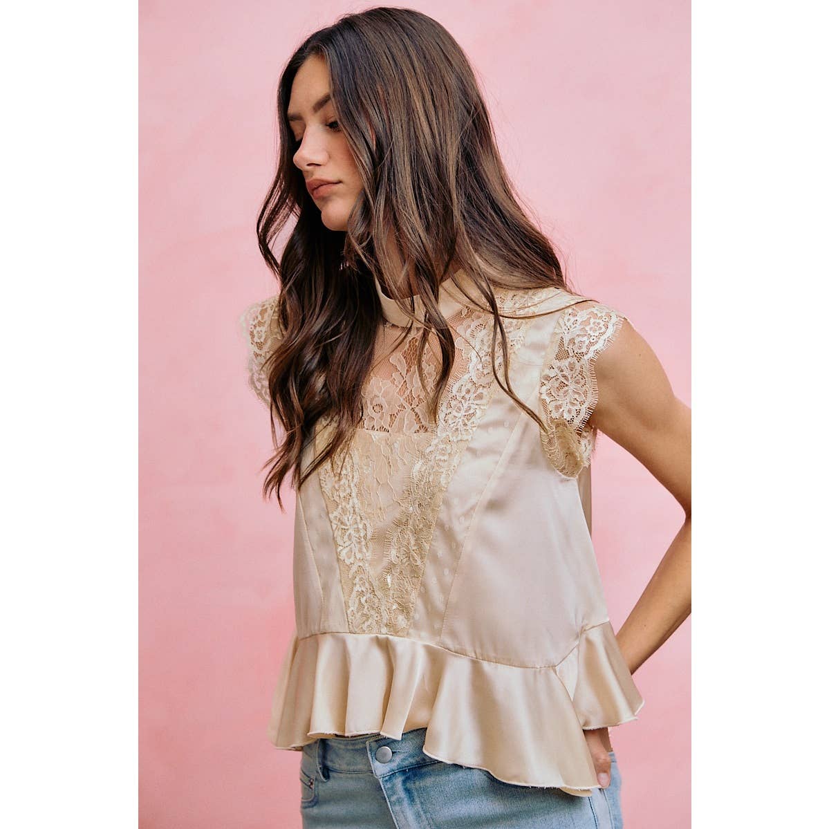 SATIN MOCK NECK LACE TRIM BLOUSE TOP: CREAM S-XL