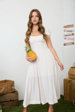 Load image into Gallery viewer, RUCHED DETAIL SCOOP NECK PUFF SLEEVE MIDI DRESS: DUSTY APRICOT
