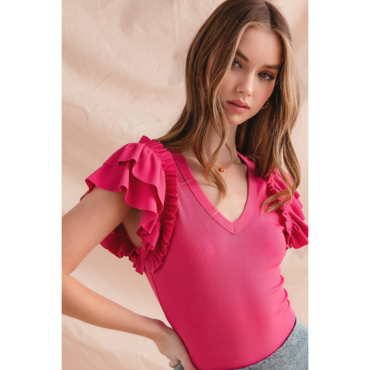 Ruffle Sleeve V Neck Bodysuit