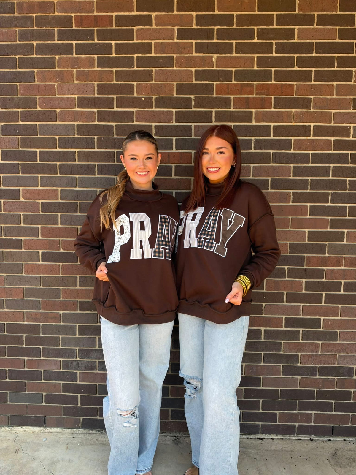 Brown Pray Embroidered Mock Neck Sweatshirt: Brown