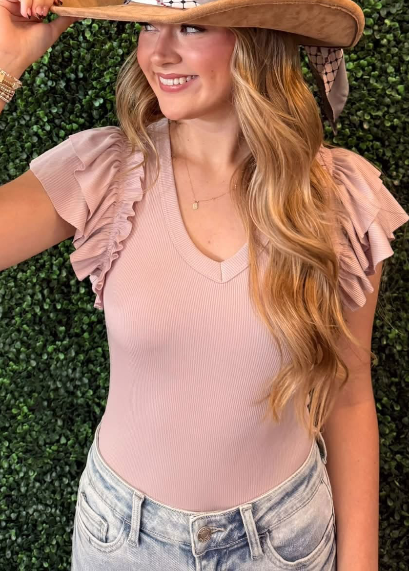 Ruffle-Sleeve V-Neck Bodysuit