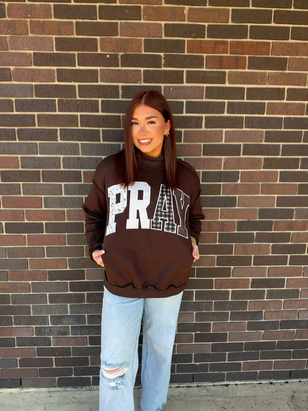Brown Pray Embroidered Mock Neck Sweatshirt: Brown