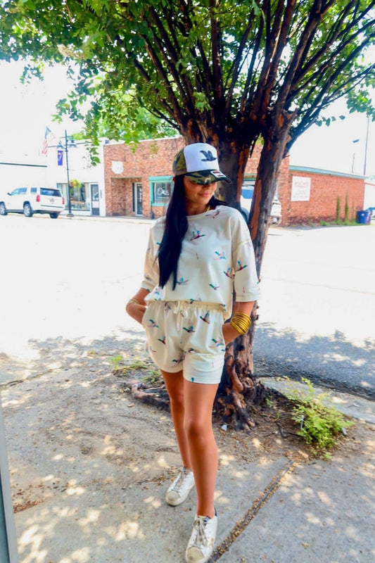 Mallard Duck Print Oversized Tee Drawstring Short Set: Beige