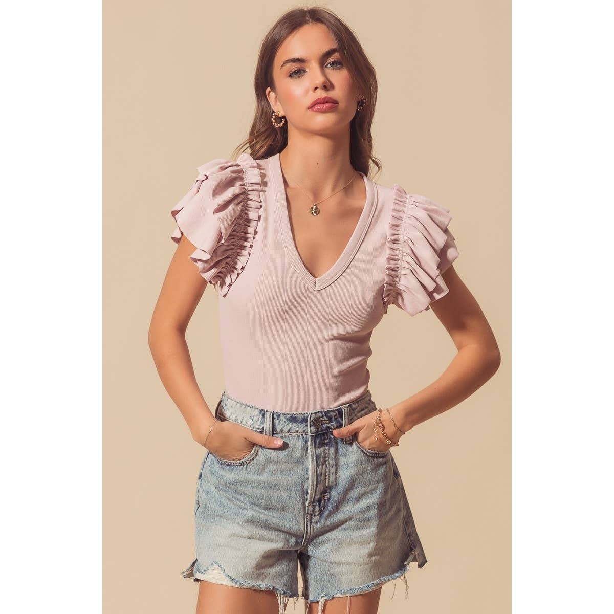 Ruffle Sleeve V Neck Bodysuit