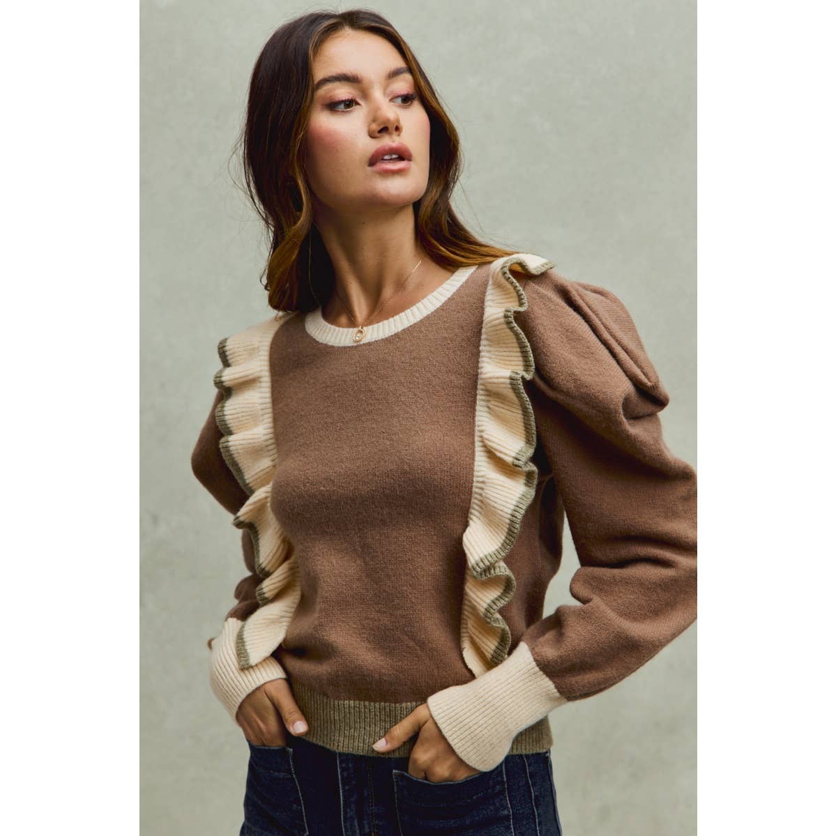 3 TONE RUFFLE SWEATER TOP: COFFEE/CREAM/OLIVE / S-XL