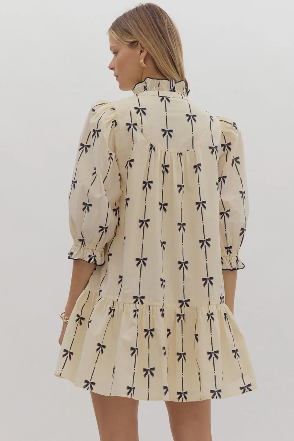 Beige Cute Bowknot Printed Bubble Sleeve V Neck Mini Dress: Beige / 100%Polyester / S-XL