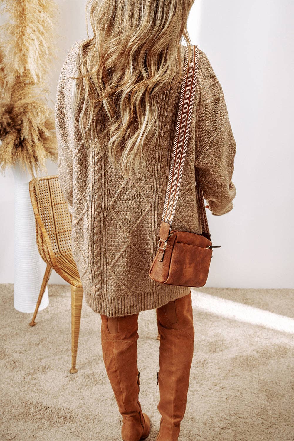 Knit Drop Shoulder Loose Fit Sweater Dress: Parchment / 100%Polyester / S-XL