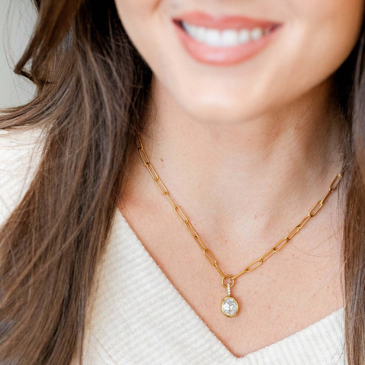 Large Cubic Zirconia Paperclip Necklace, Water-Resistant: Gold