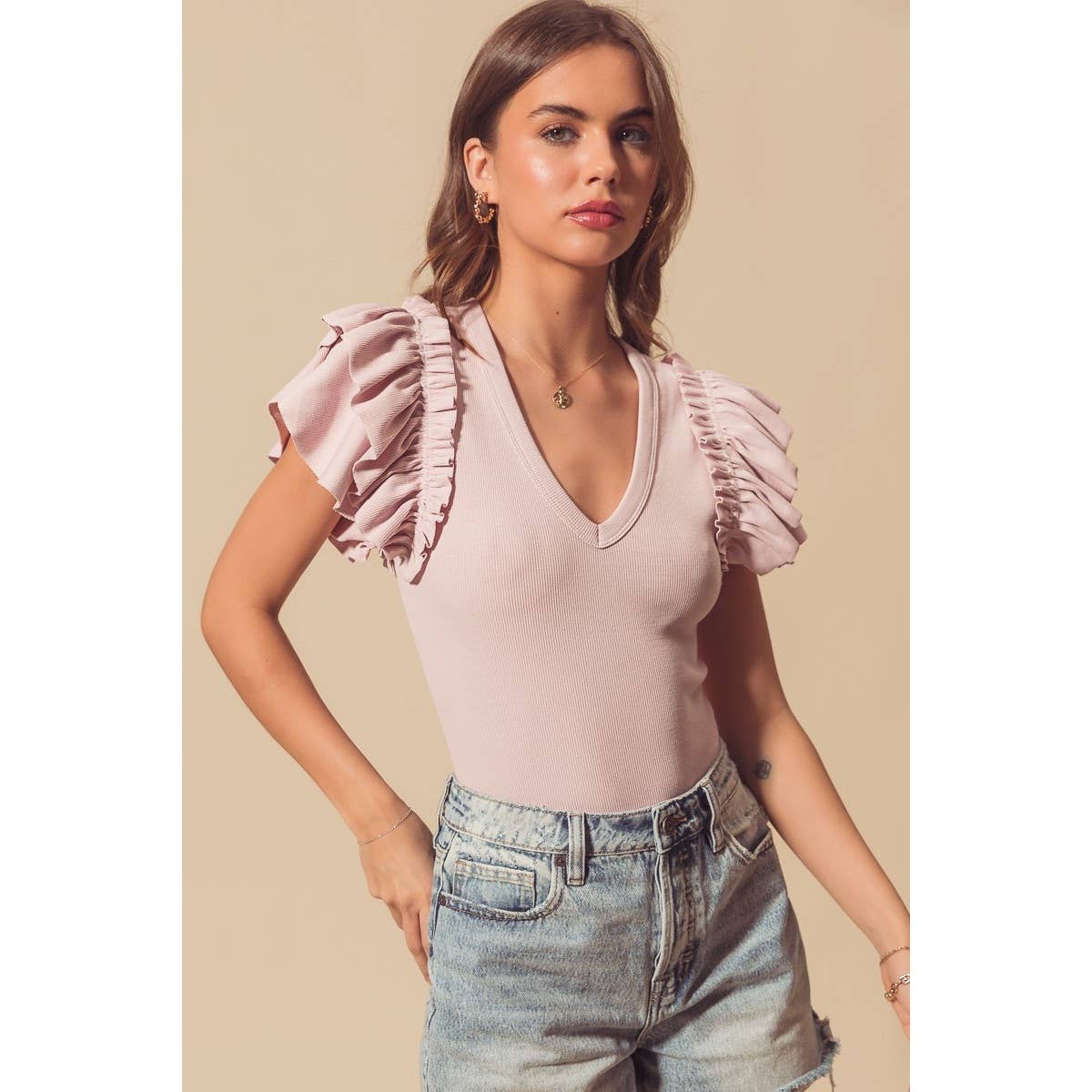 Ruffle Sleeve V Neck Bodysuit