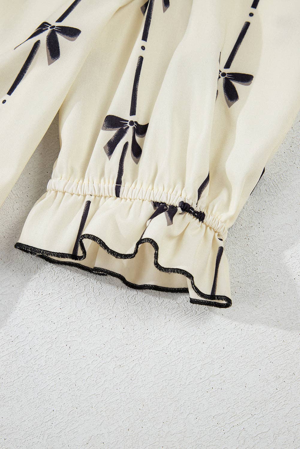 Beige Cute Bowknot Printed Bubble Sleeve V Neck Mini Dress: Beige / 100%Polyester / S-XL