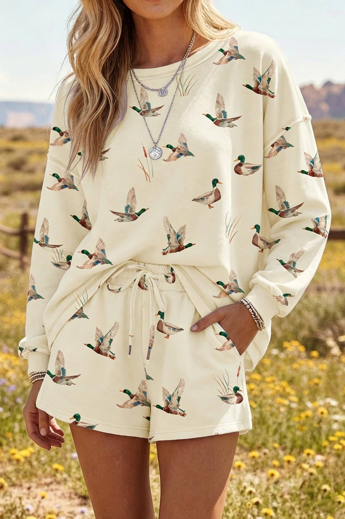 Mallard Duck Print Oversized Tee Drawstring Short Set: Beige
