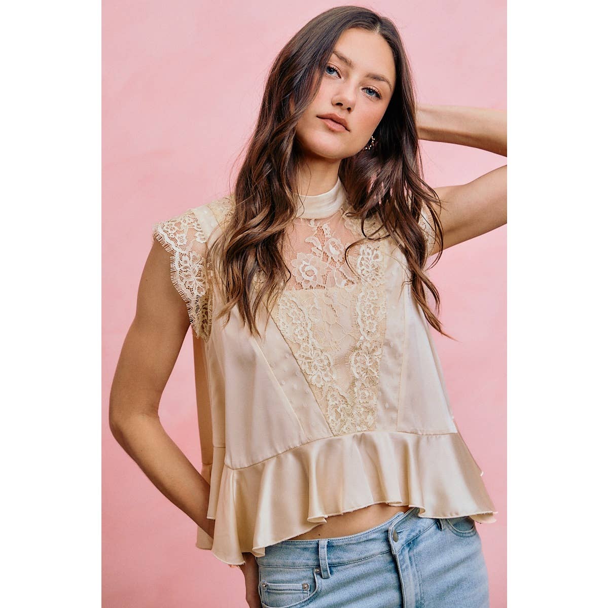 SATIN MOCK NECK LACE TRIM BLOUSE TOP: CREAM S-XL