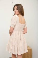 Load image into Gallery viewer, SQUARE NECK RUFFLE DETAIL TIERED MINI DRESS: LIGHT KHAKI
