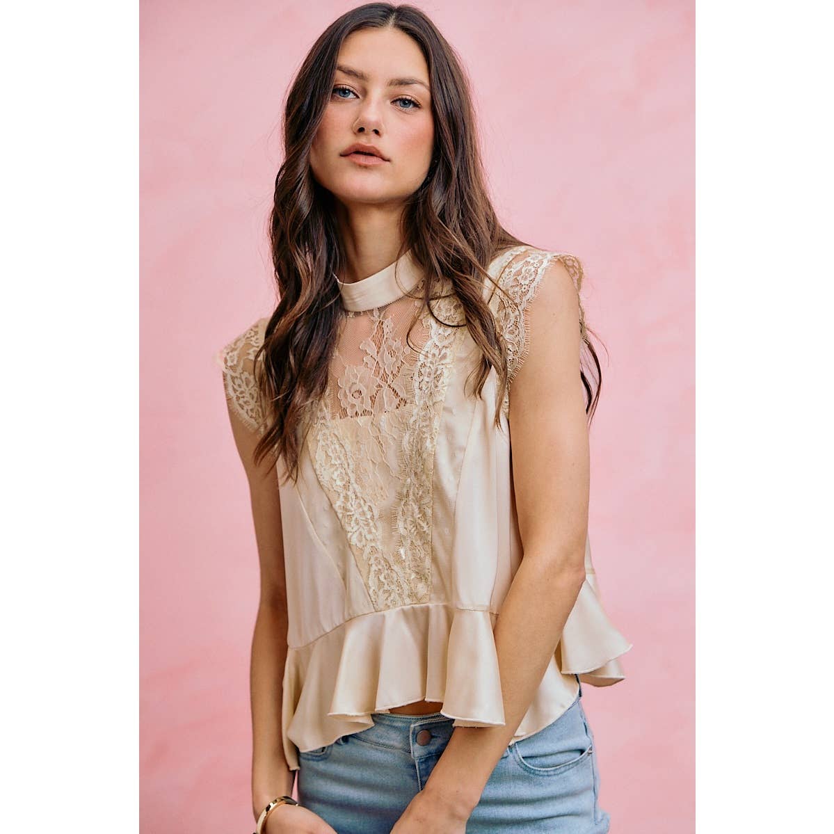 SATIN MOCK NECK LACE TRIM BLOUSE TOP: CREAM S-XL