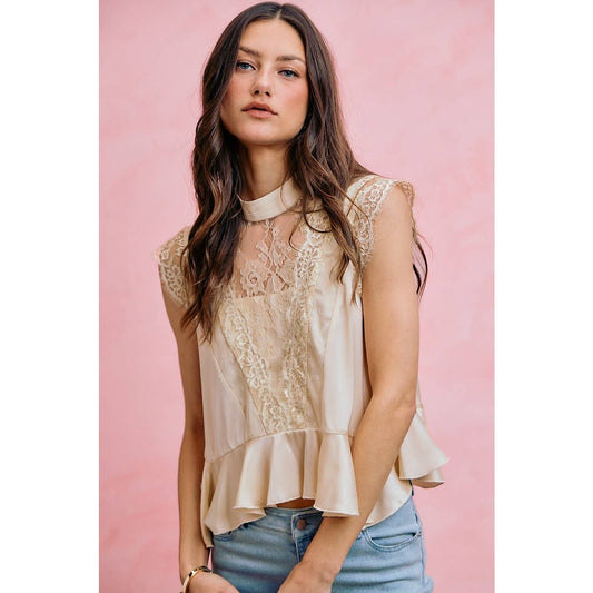 SATIN MOCK NECK LACE TRIM BLOUSE TOP: CREAM S-XL