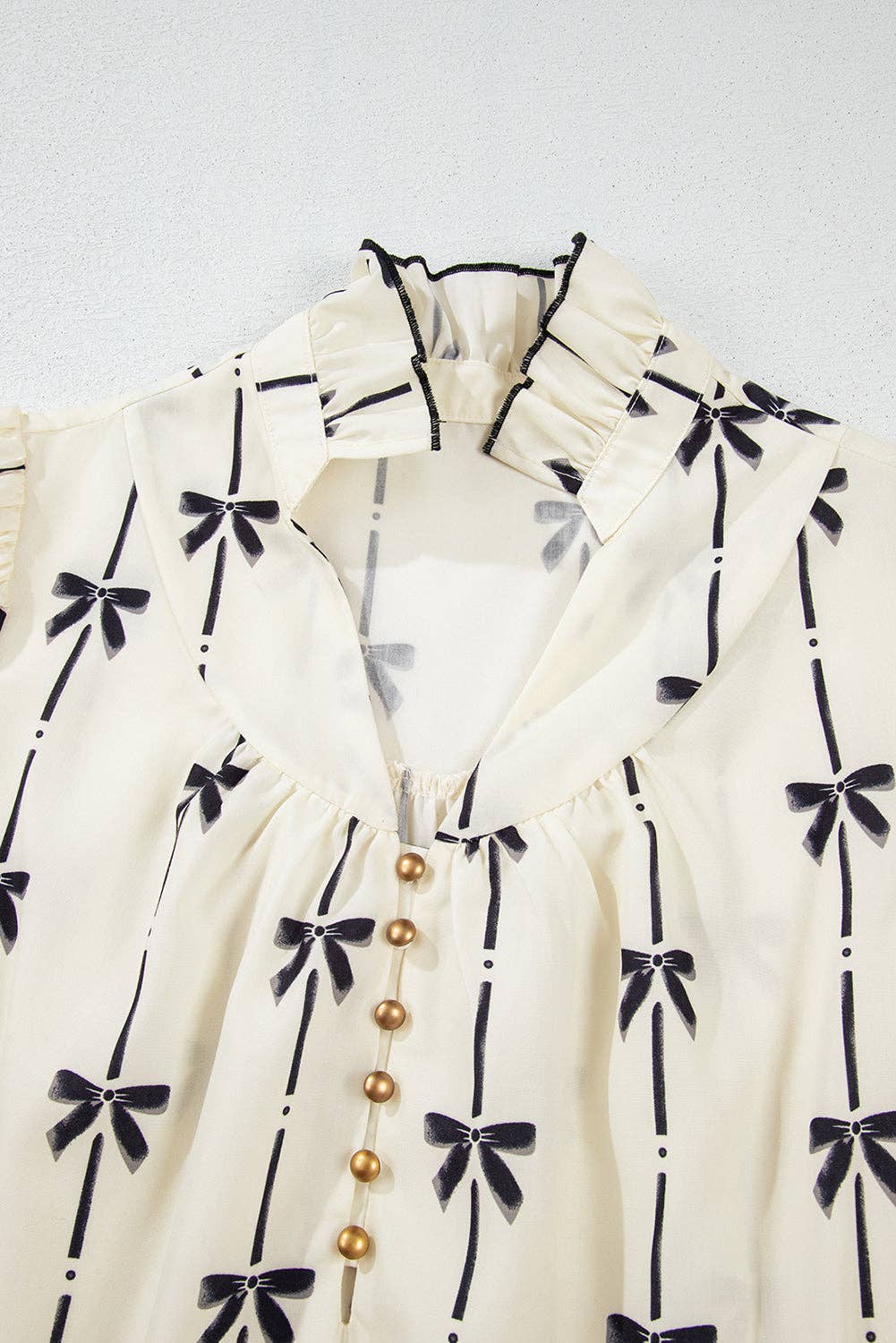 Beige Cute Bowknot Printed Bubble Sleeve V Neck Mini Dress: Beige / 100%Polyester / S-XL