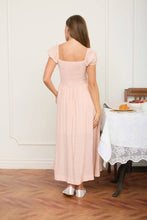Load image into Gallery viewer, RUCHED DETAIL SCOOP NECK PUFF SLEEVE MIDI DRESS: DUSTY APRICOT
