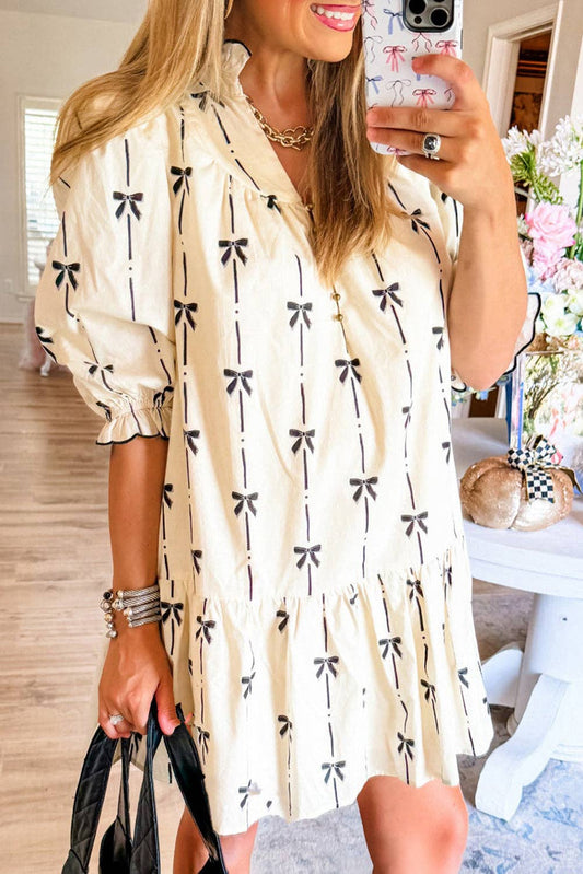 Beige Cute Bow Bubble Sleeve V Neck Dress:Beige / S-XL