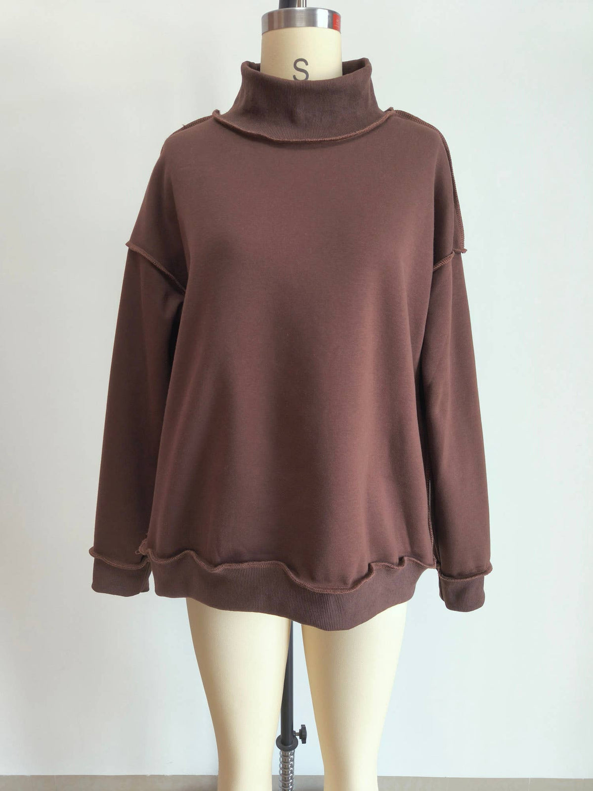 Brown Pray Embroidered Mock Neck Sweatshirt: Brown